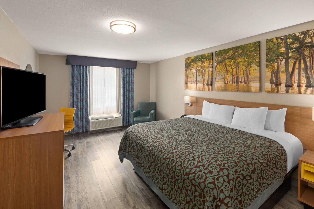 A hotel room with a large bed, a flat-screen TV, a desk with a chair, a window with curtains, and a painting of trees on the wall.