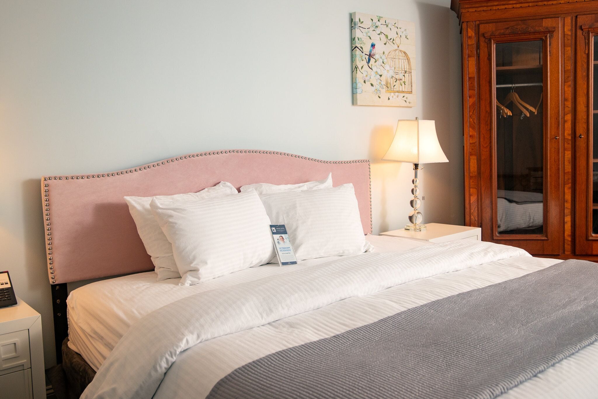 premium bedding, desk, blackout curtains, iron/ironing board