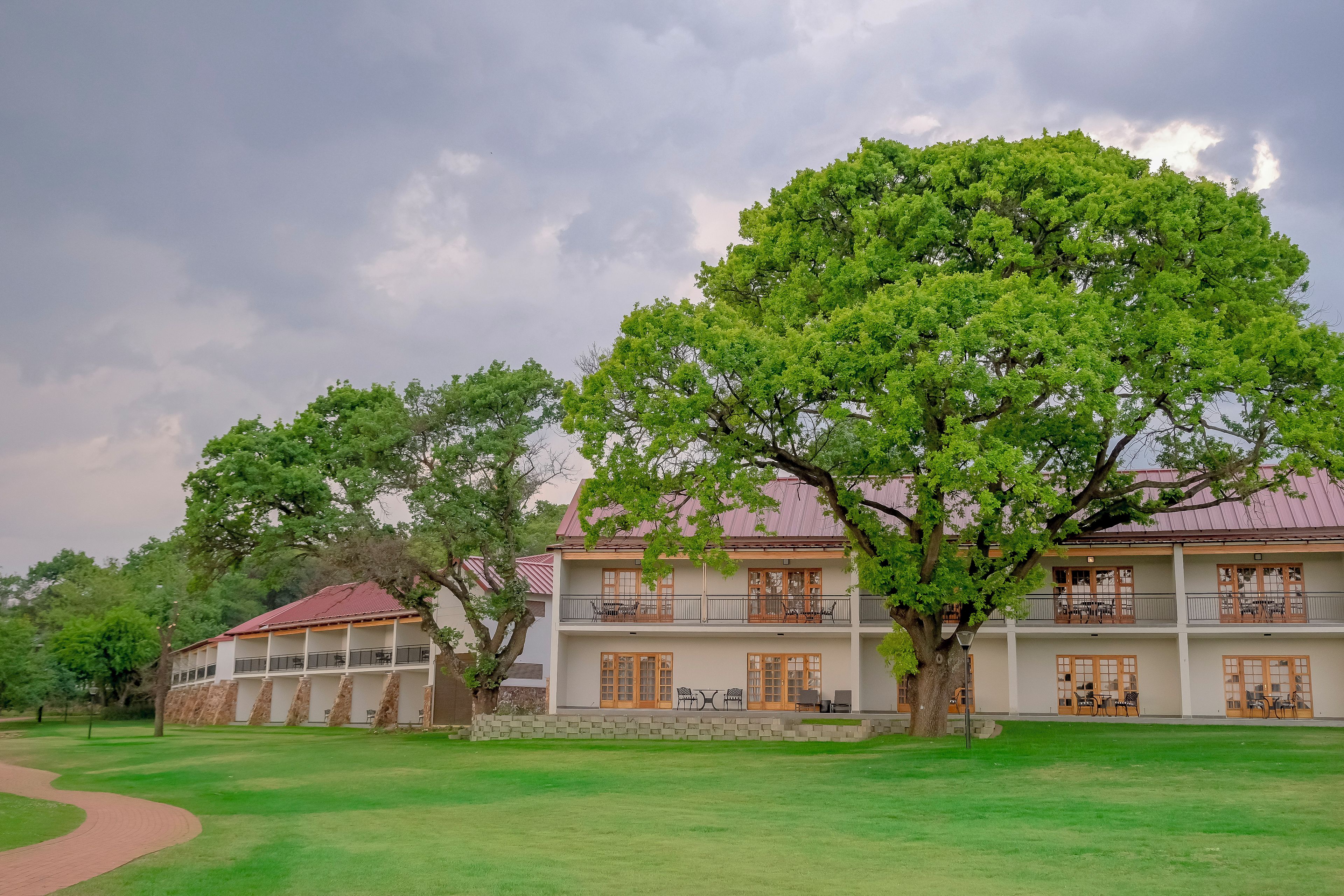A two-story building with a balcony and a large tree in front.