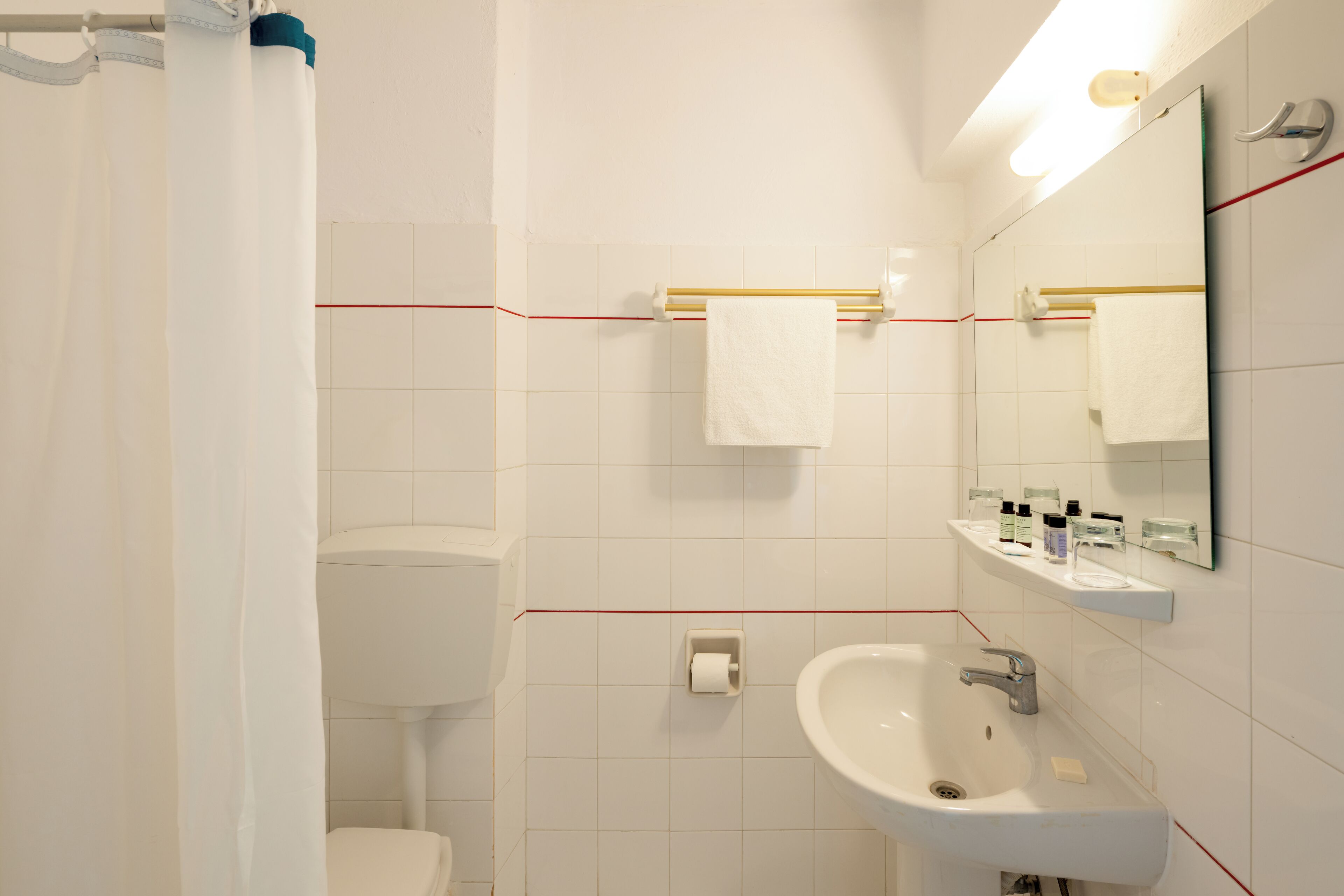 Un baño con inodoro, lavabo y espejo.