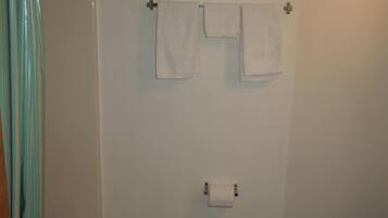Combined shower/tub, free toiletries, hair dryer, towels