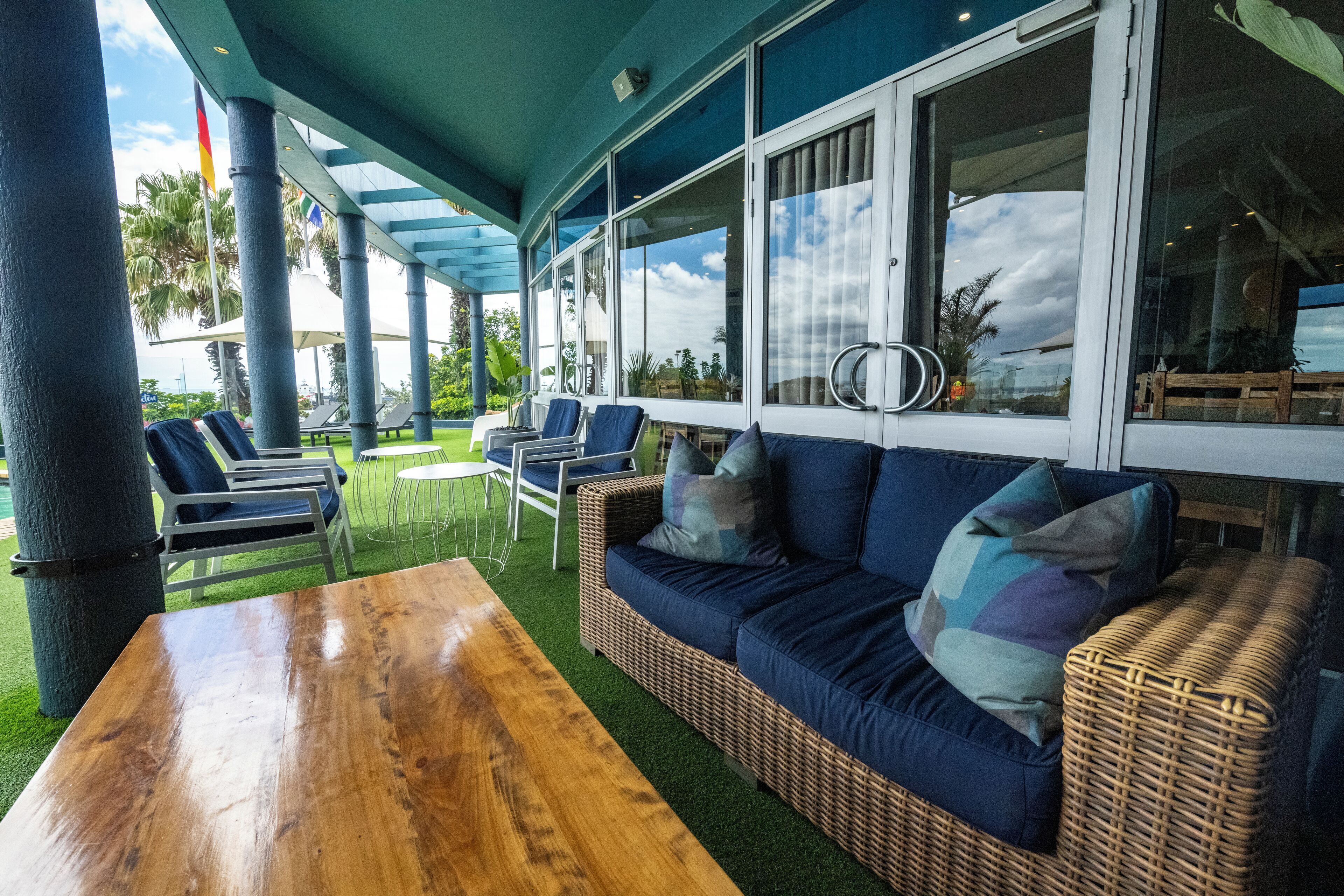 outdoor pool, pool umbrellas, pool loungers