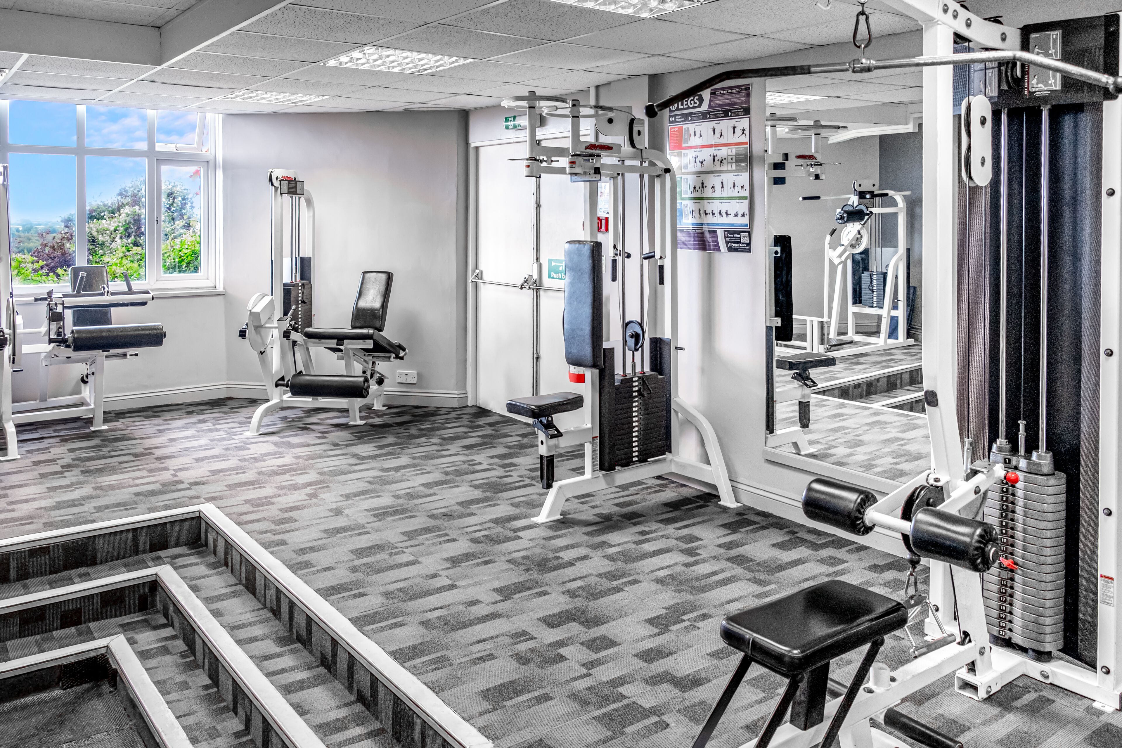 Ein Fitnessstudio mit verschiedenen Trainingsgeräten, einer Spiegelwand und einem Fenster mit Blick auf Grünflächen.