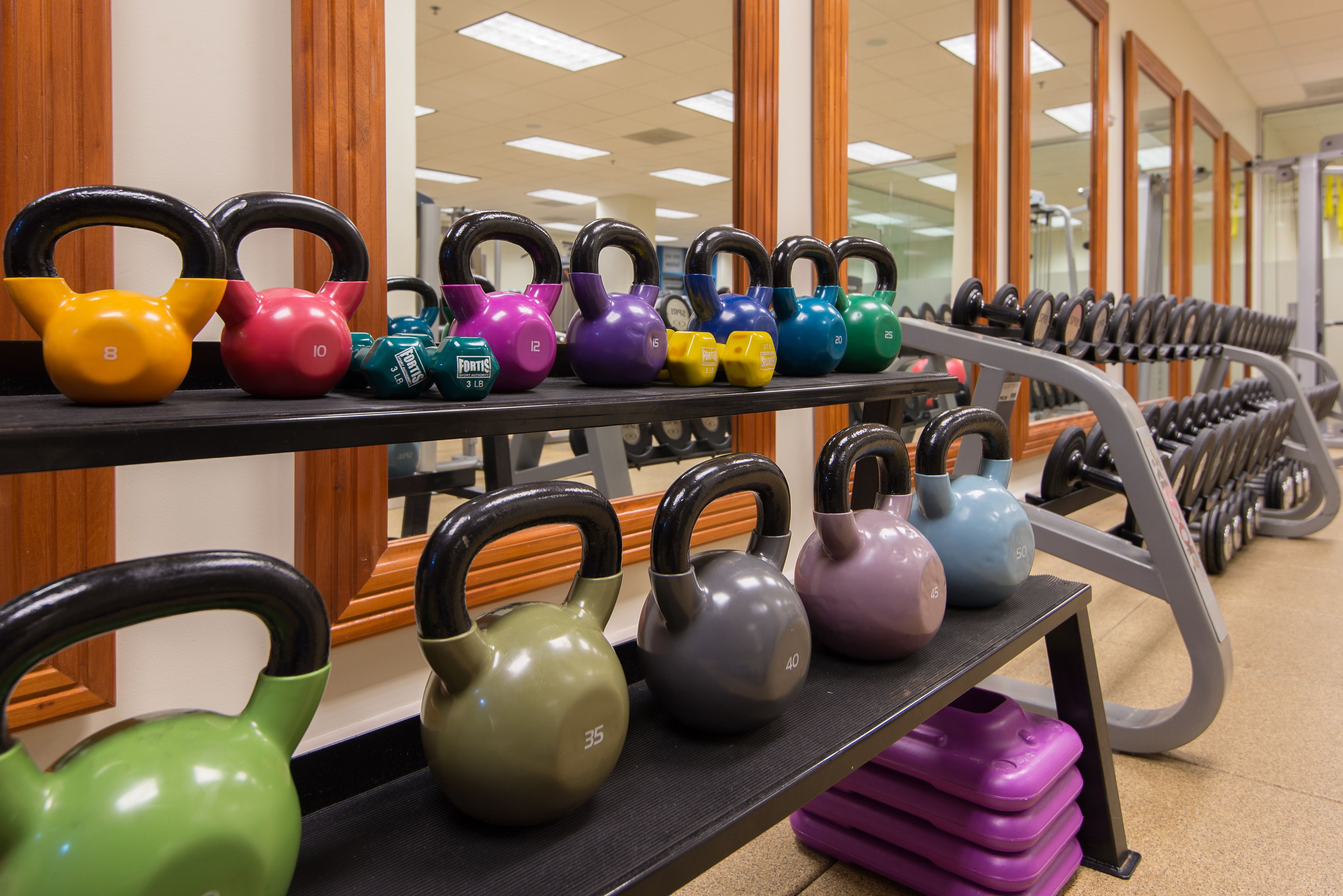 Un gimnasio con mancuernas dispuestas en estanterías y un espejo en el fondo.