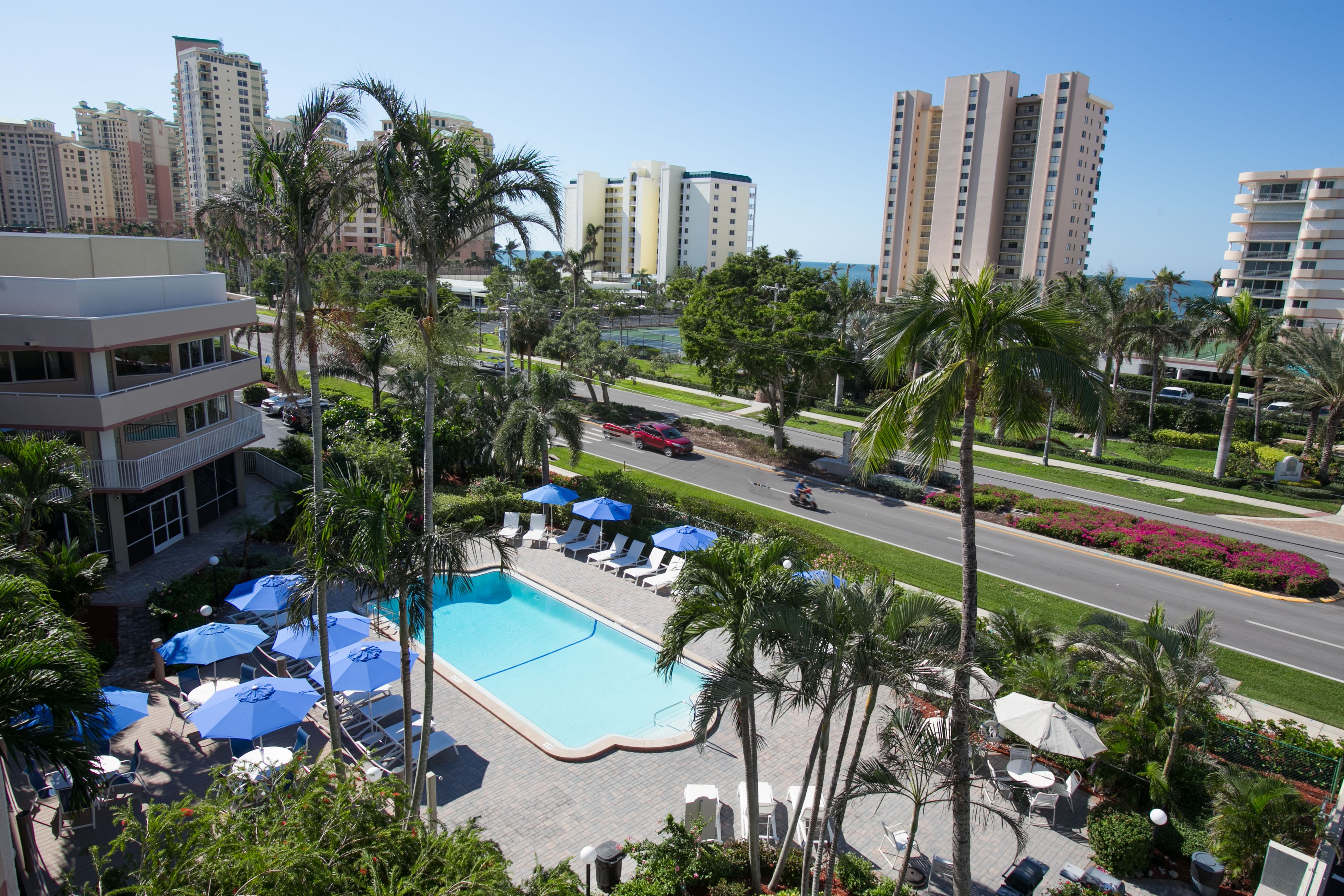 A hotel with a swimming pool surrounded by palm trees and blue umbrellas. There are tall buildings in the background.