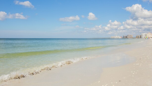 A beach with clear water, a sandy shore, and buildings in the background. - Marco Beach Vacation Suites (Marco Island)