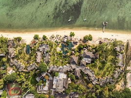 Private beach, white sand, sun loungers, beach umbrellas