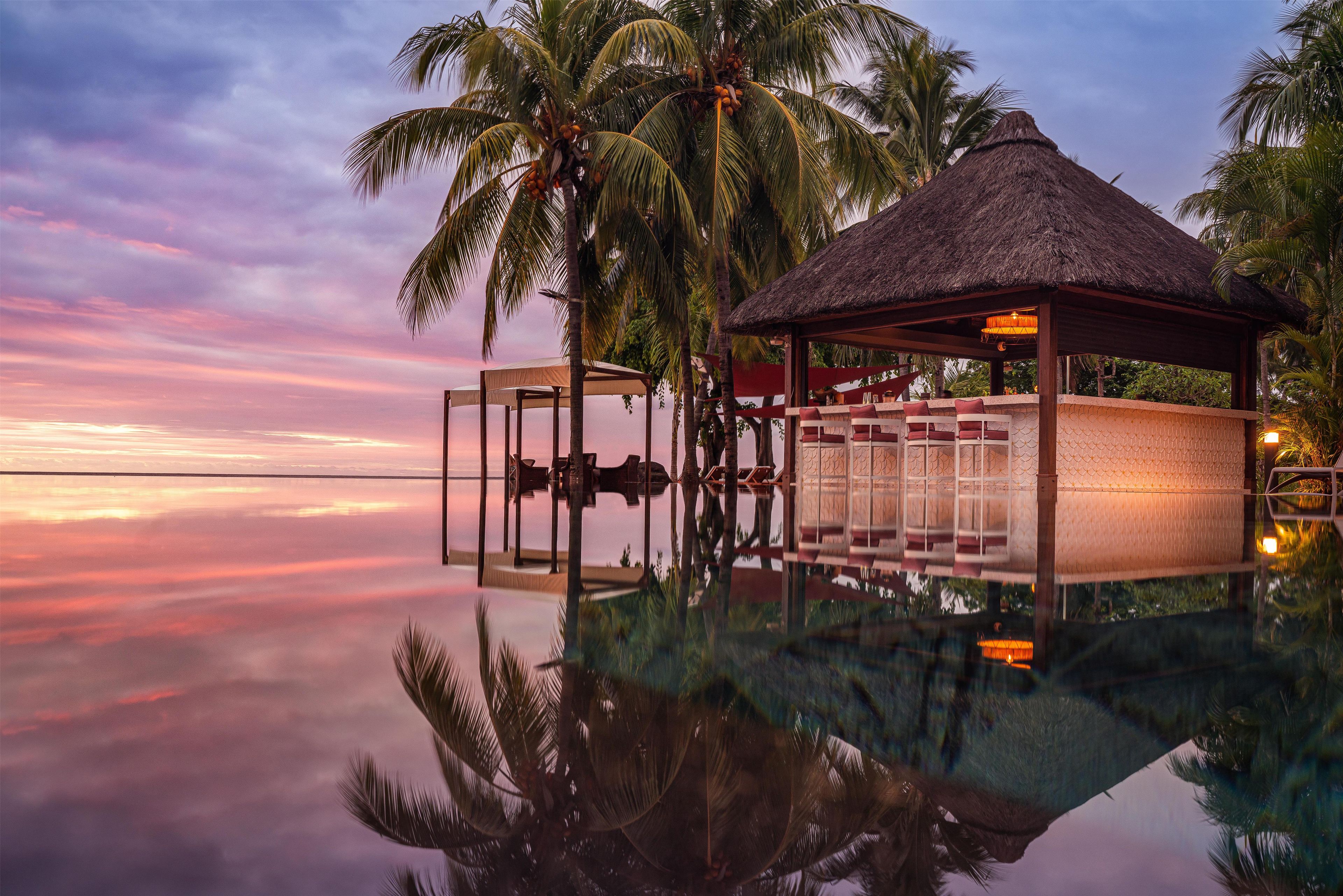 An infinity pool with a thatched-roof structure, palm trees, and a sunset view.