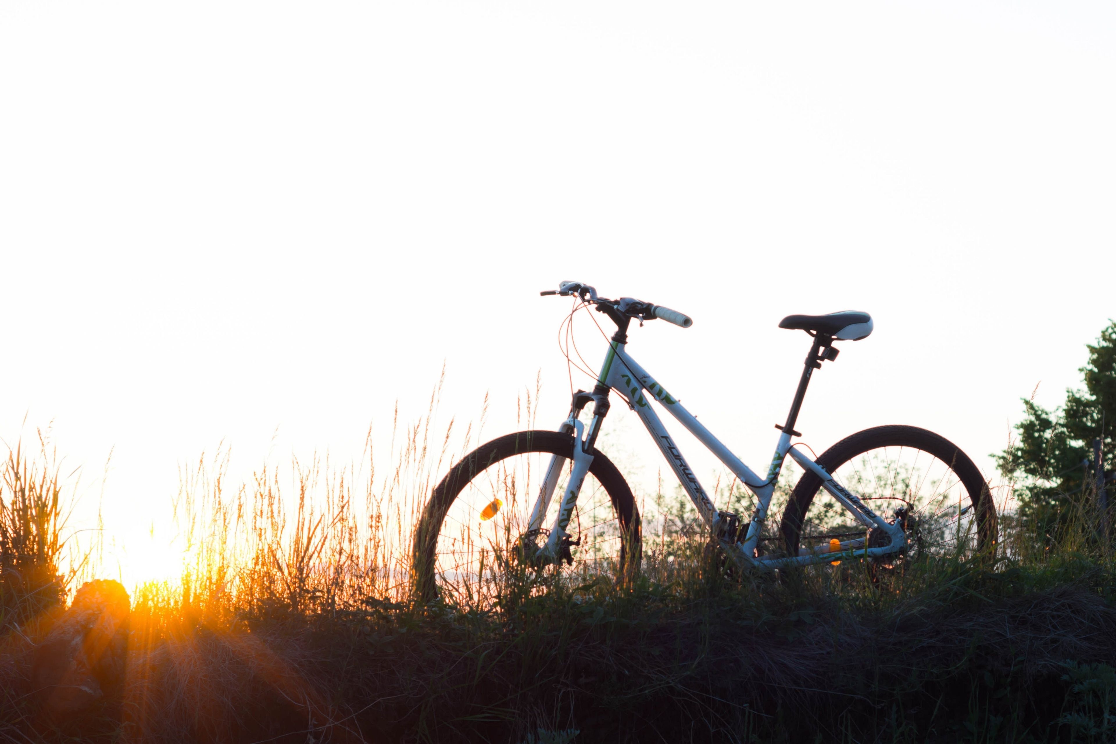 Una bicicleta apoyada en una colina cubierta de hierba, con un atardecer de fondo.