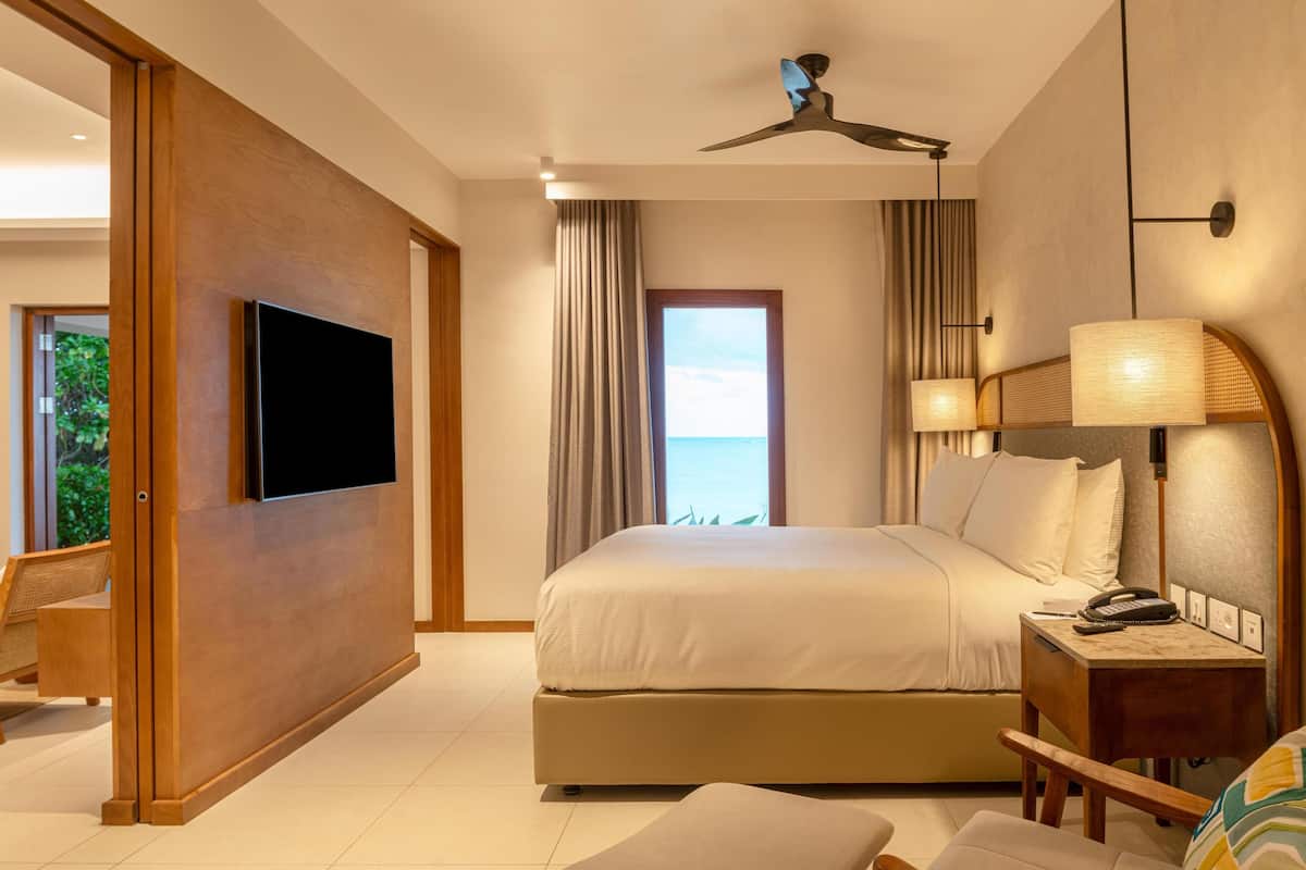 Une chambre d’hôtel équipée d’un lit, d’une télévision, d’un ventilateur de plafond, d’une table de chevet et offrant une vue sur l’extérieur.