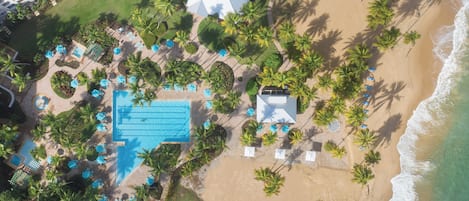 Vista aérea de un resort con piscina, playa y palmeras.