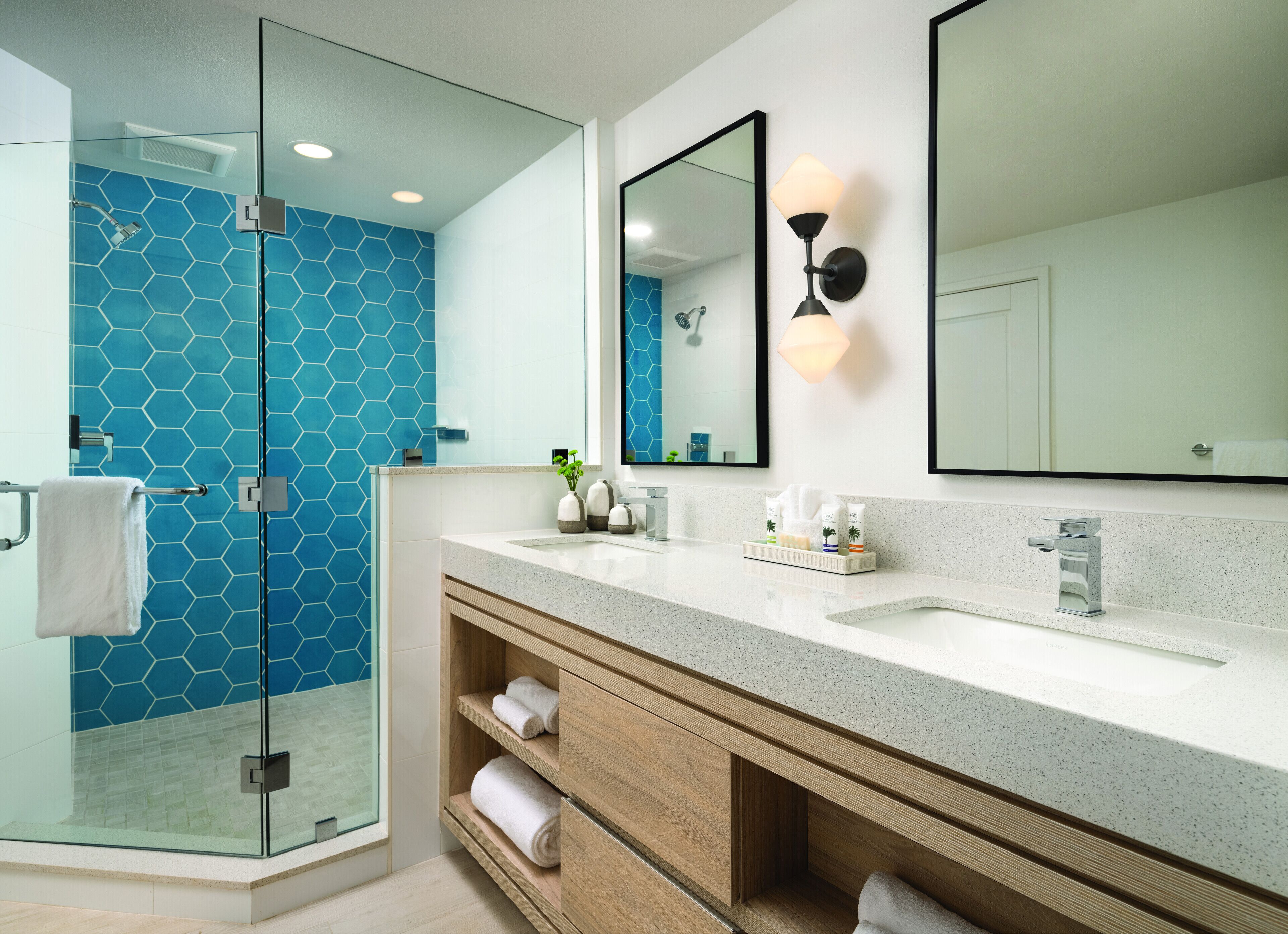 separate bathtub and shower, designer toiletries, hair dryer, towels