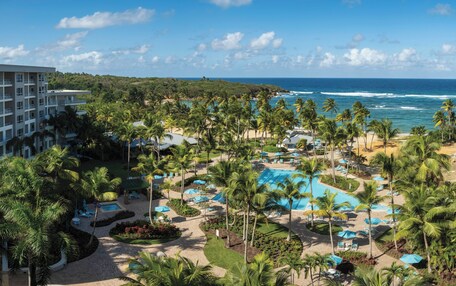 A resort with a large pool, palm trees, and a view of the ocean.