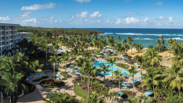 Un complexe hôtelier doté d’une grande piscine, de palmiers et offrant une vue sur l’océan.