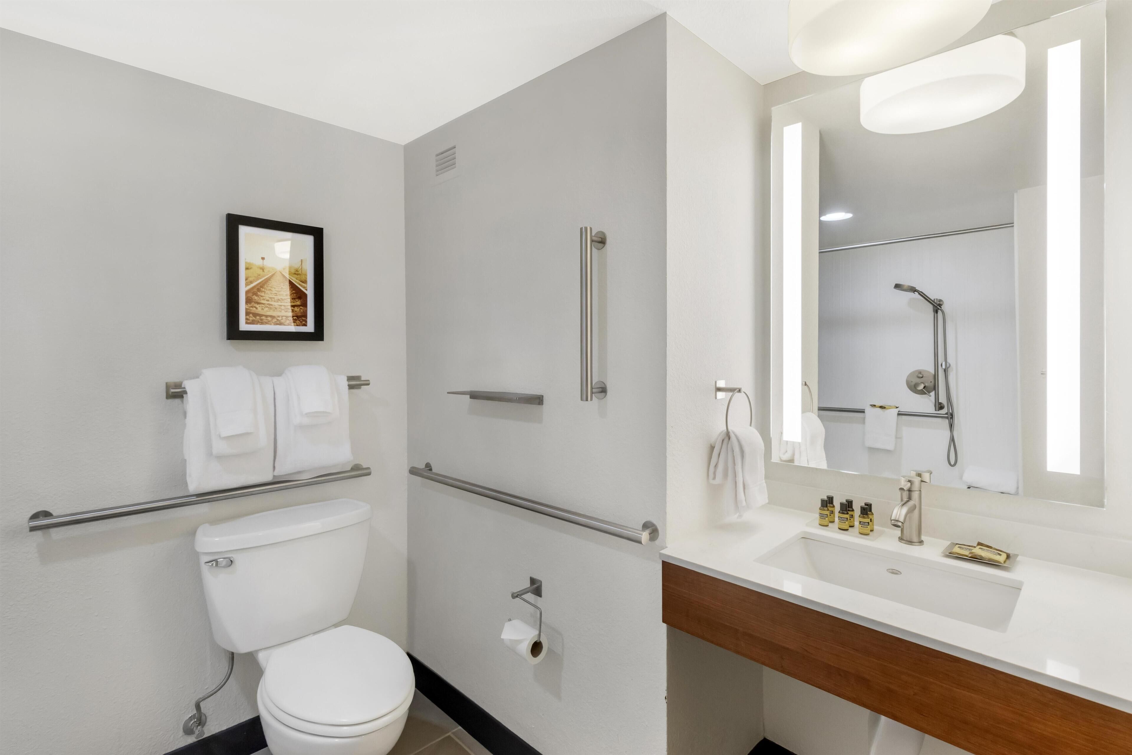 Un baño moderno con inodoro, barra de apoyo, lavamanos con espejo y un cuadro en la pared.