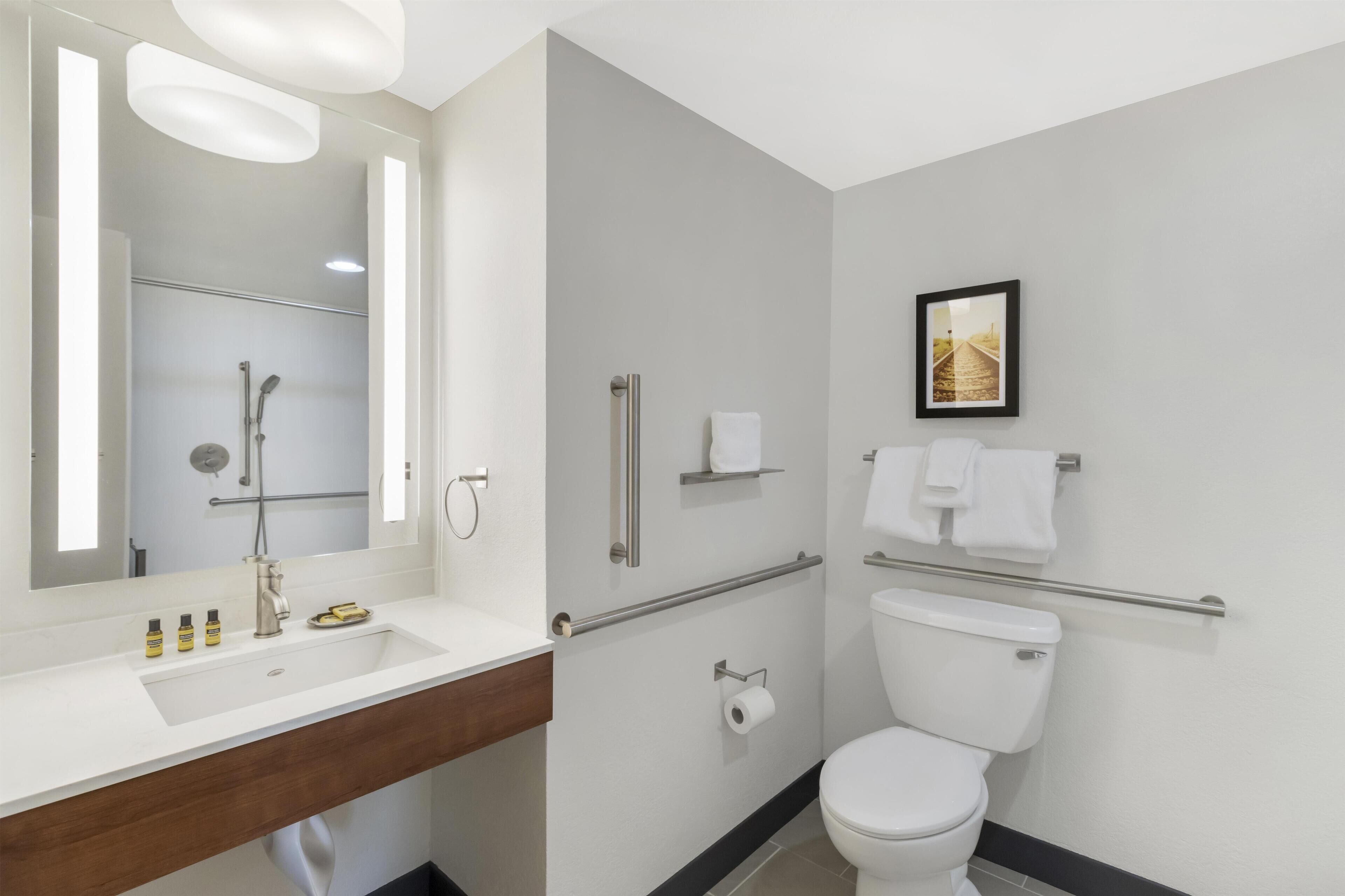 Une salle de bain moderne équipée d’un lavabo, d’un miroir, de toilettes et de barres d’appui.