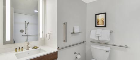 Une salle de bain moderne équipée d’un lavabo, d’un miroir, de toilettes et de barres d’appui.