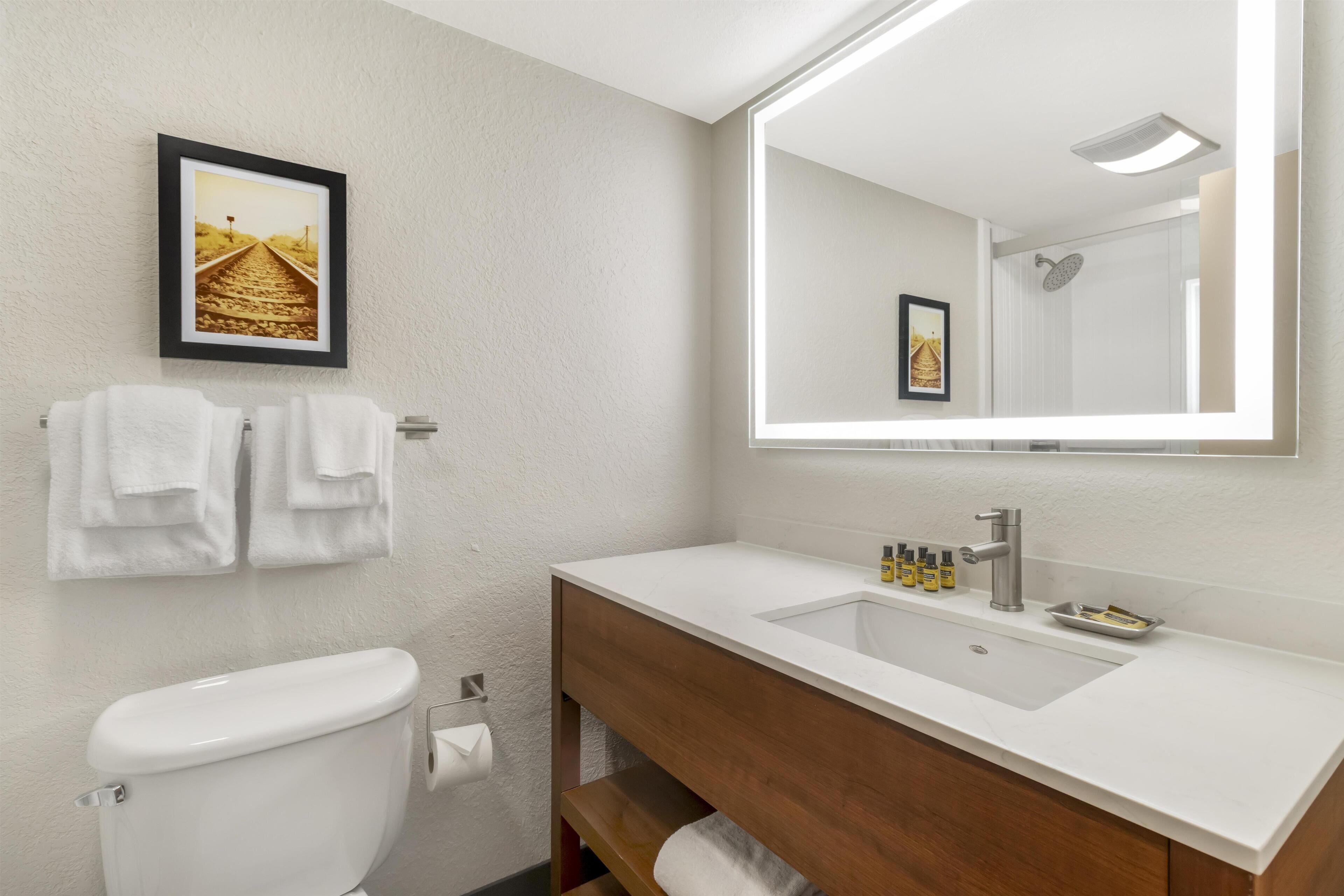 A modern bathroom with a white toilet, a wooden vanity, a large mirror, and a framed picture on the wall.