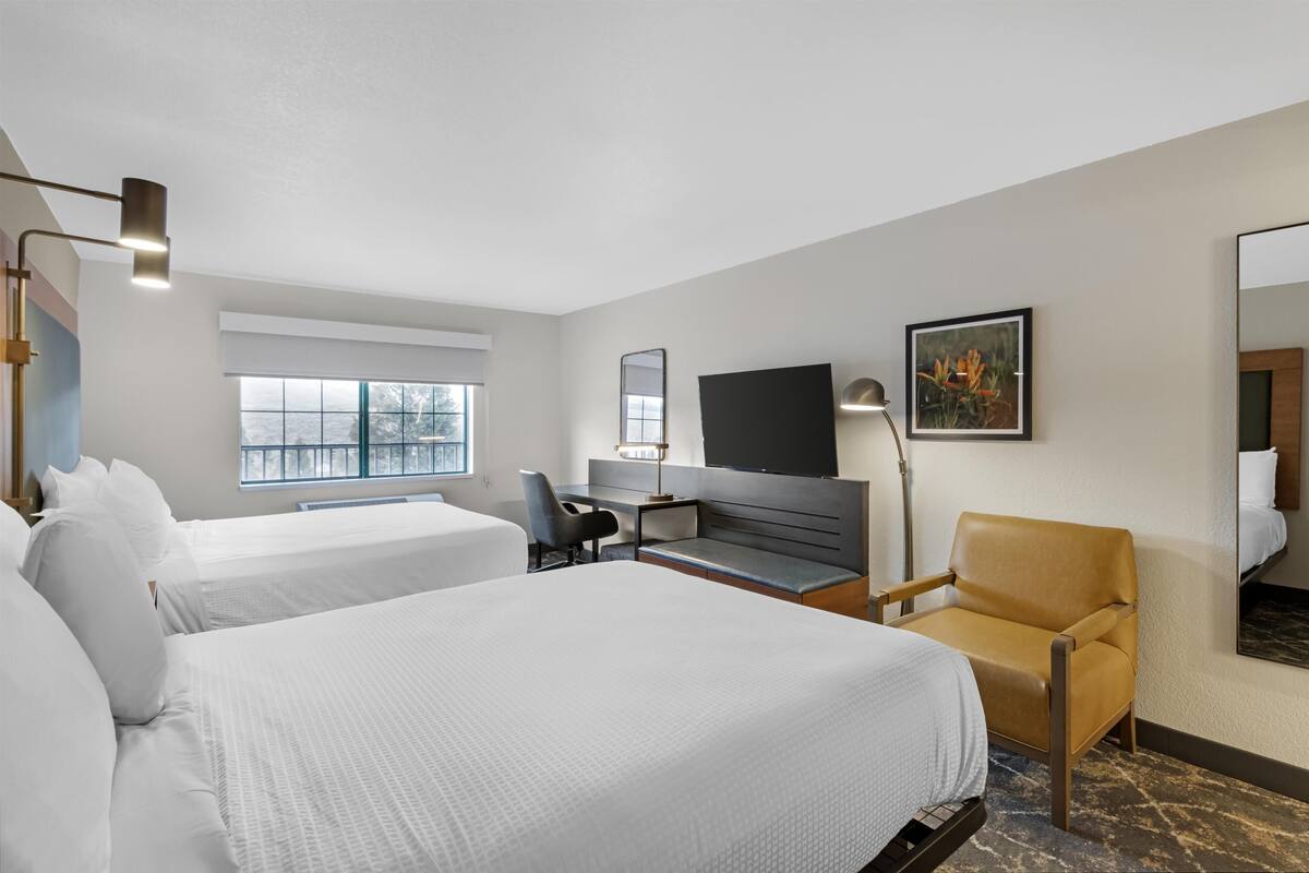 A hotel room with two beds, a desk, a chair, a TV, and a large window.