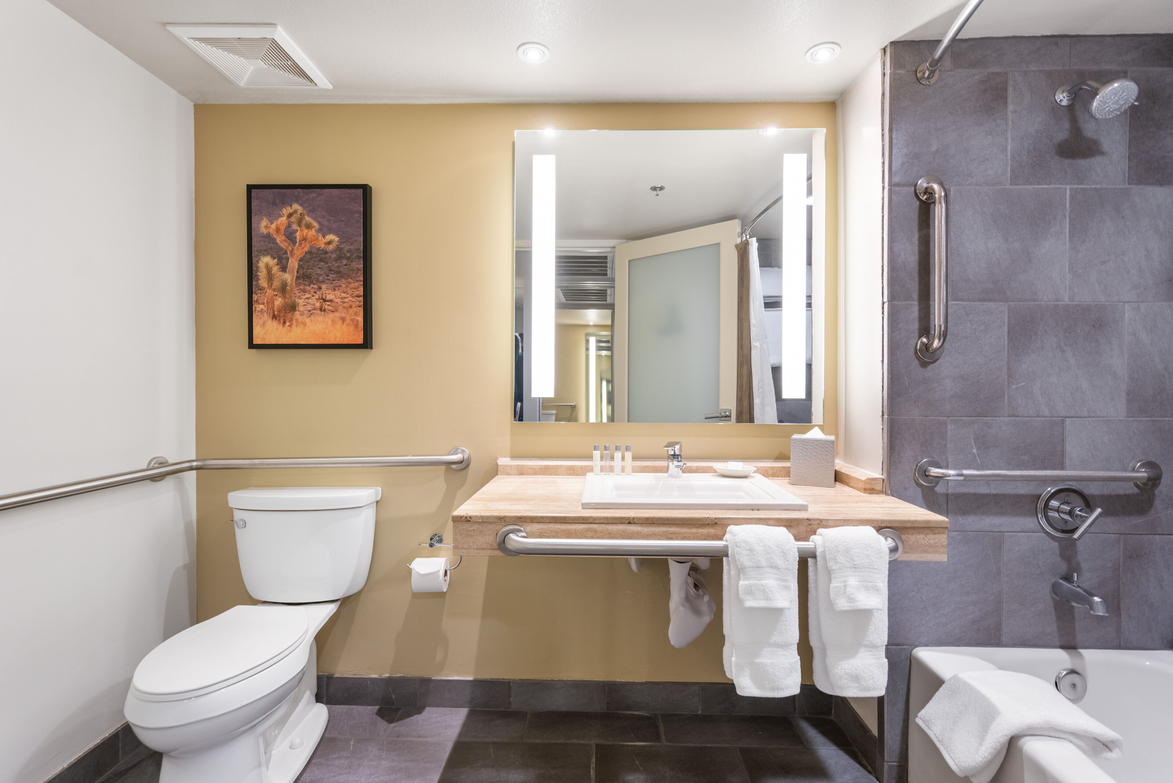 combined shower/bathtub, hair dryer, towels