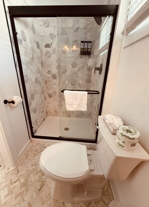 A bathroom with a shower enclosure, toilet, and a roll of toilet paper on the counter. - The Independent Inn - Formerly Heron House Court  (Key West)