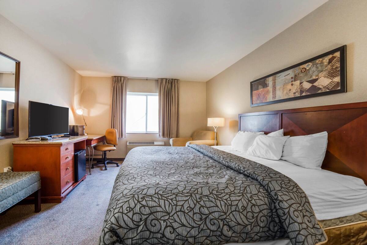 A hotel room with a bed, a desk with a computer, a television, a chair, a lamp, and a window with curtains.