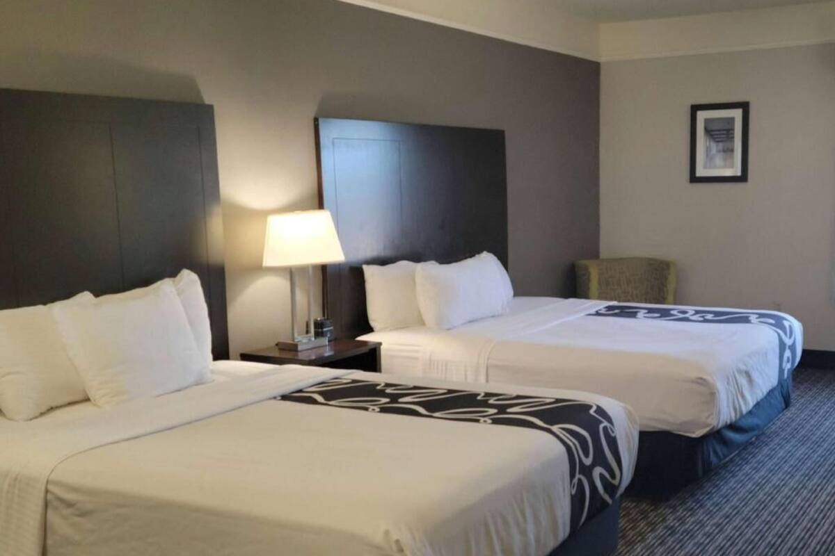 Premium bedding, desk, laptop workspace, blackout drapes