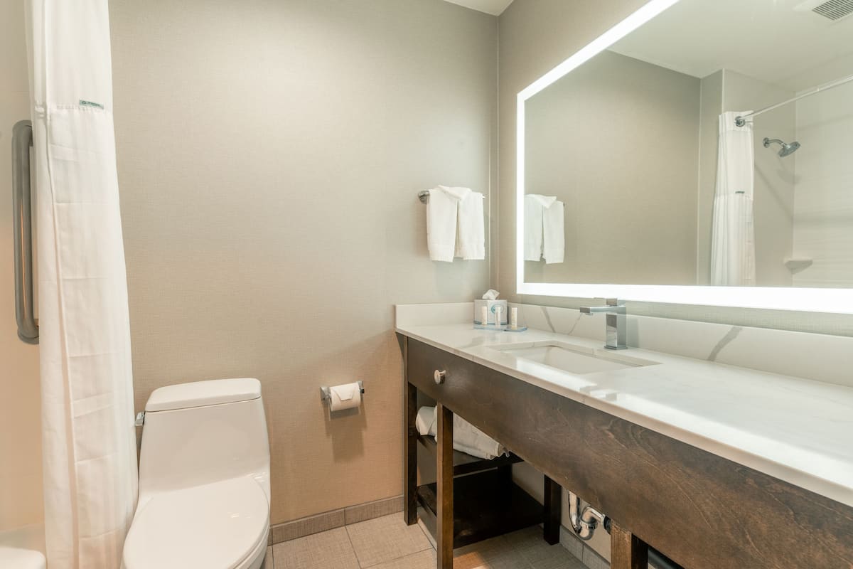 combined shower/bathtub, hydromassage showerhead, free toiletries