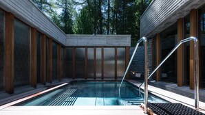 Ein moderner Pool im Freien mit Holzterrasse und Metallgeländern, umgeben von hohen Bäumen.