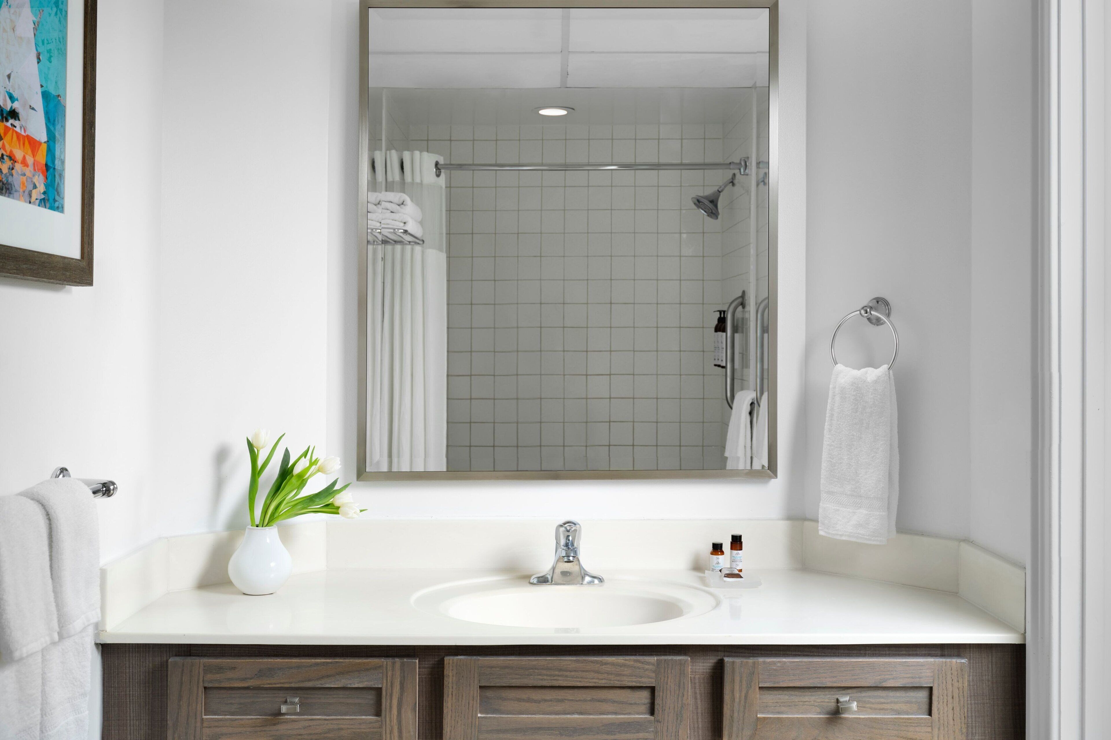 A bathroom with a white sink, a mirror, and a shower. There is a towel rack and a plant on the counter.