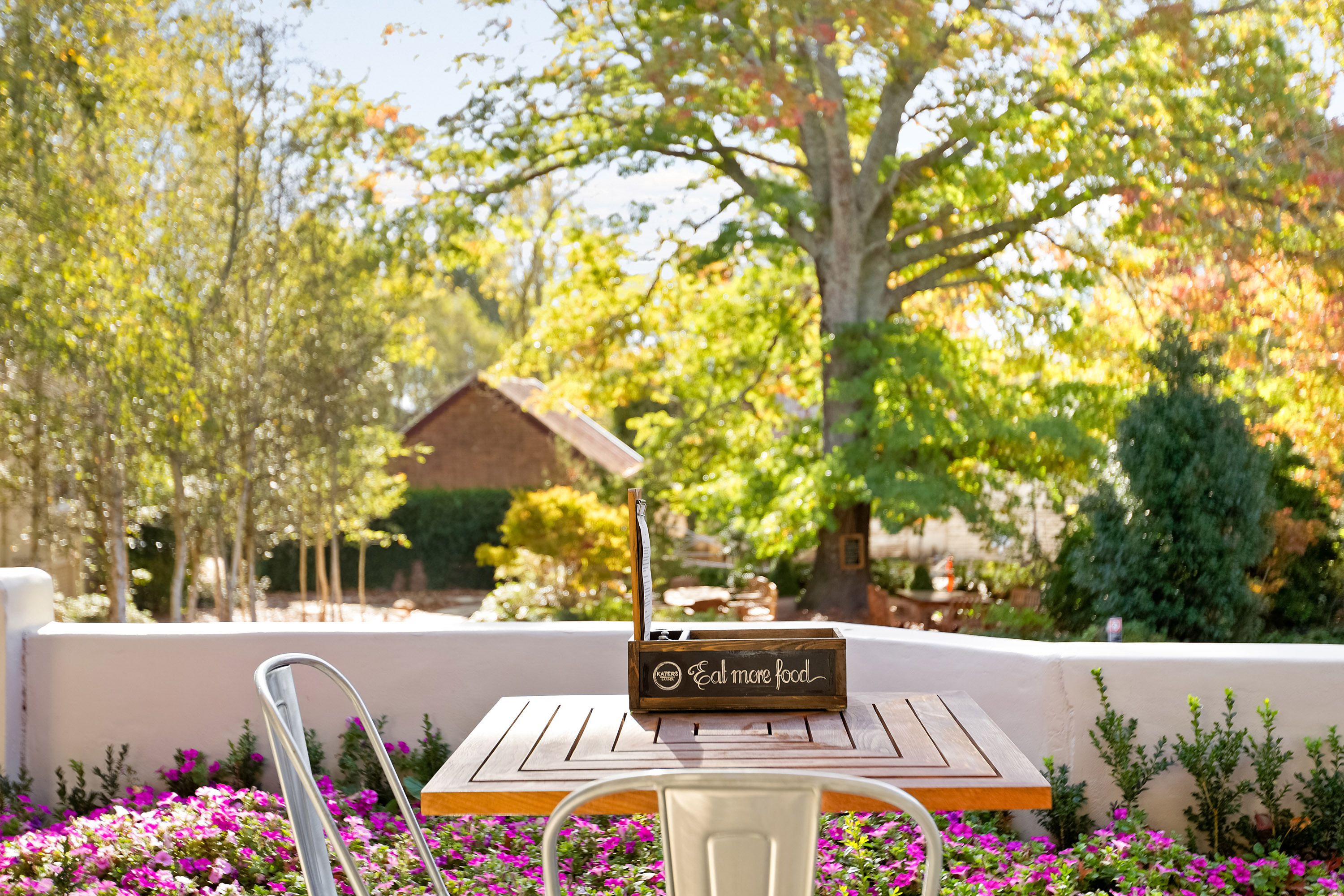 A wooden table with a sign that says "Eat more food" in a garden setting with flowers and trees.