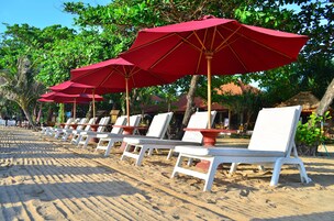 Eine Reihe weißer Liegestühle mit roten Sonnenschirmen, auf einem Sandstrand mit Bäumen im Hintergrund.