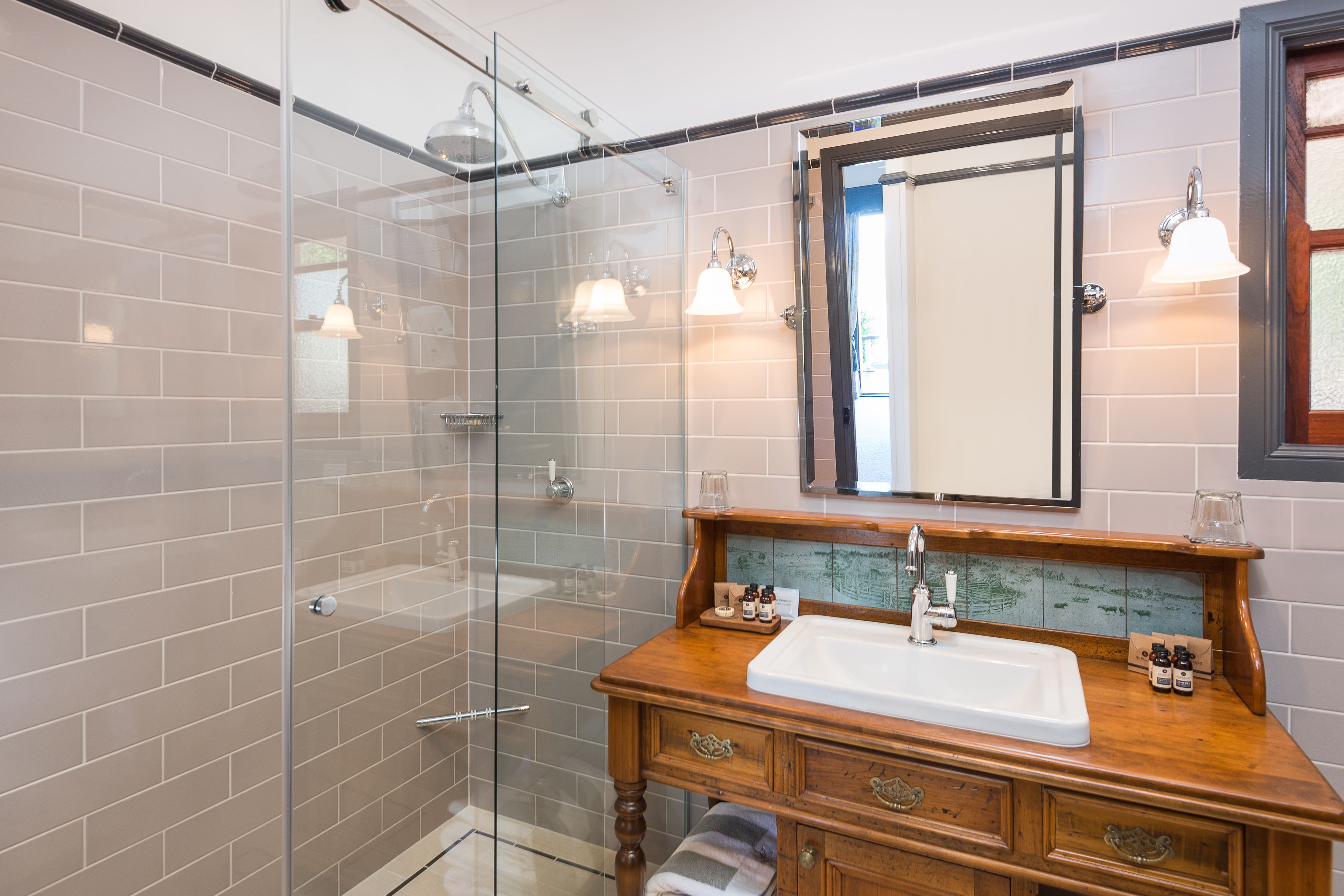 shower, hydromassage showerhead, designer toiletries, hair dryer