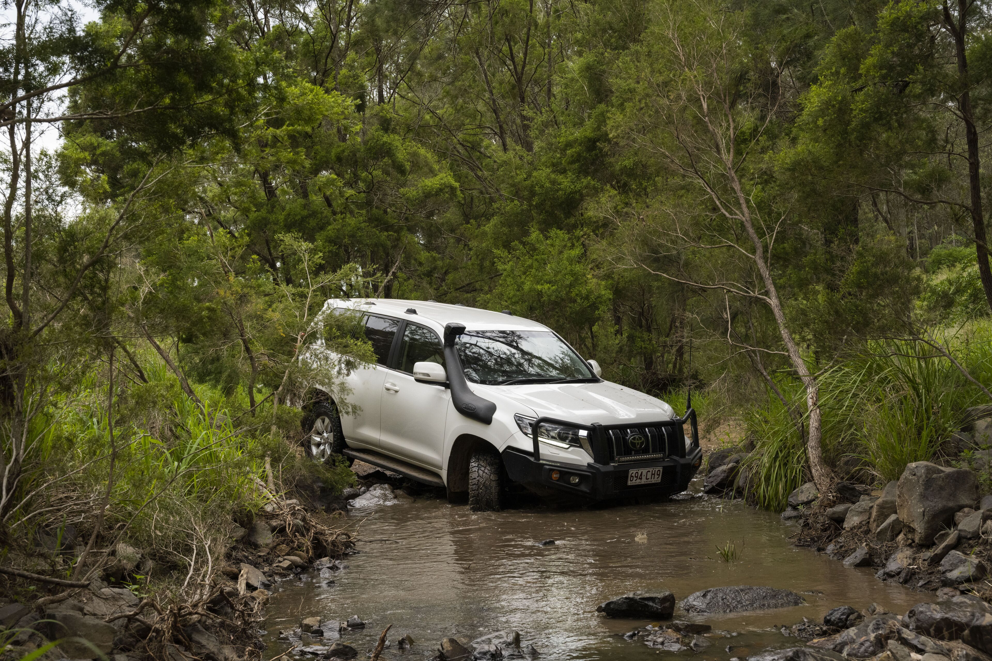 A white SUV navigating through a shallow stream in a forested area.
