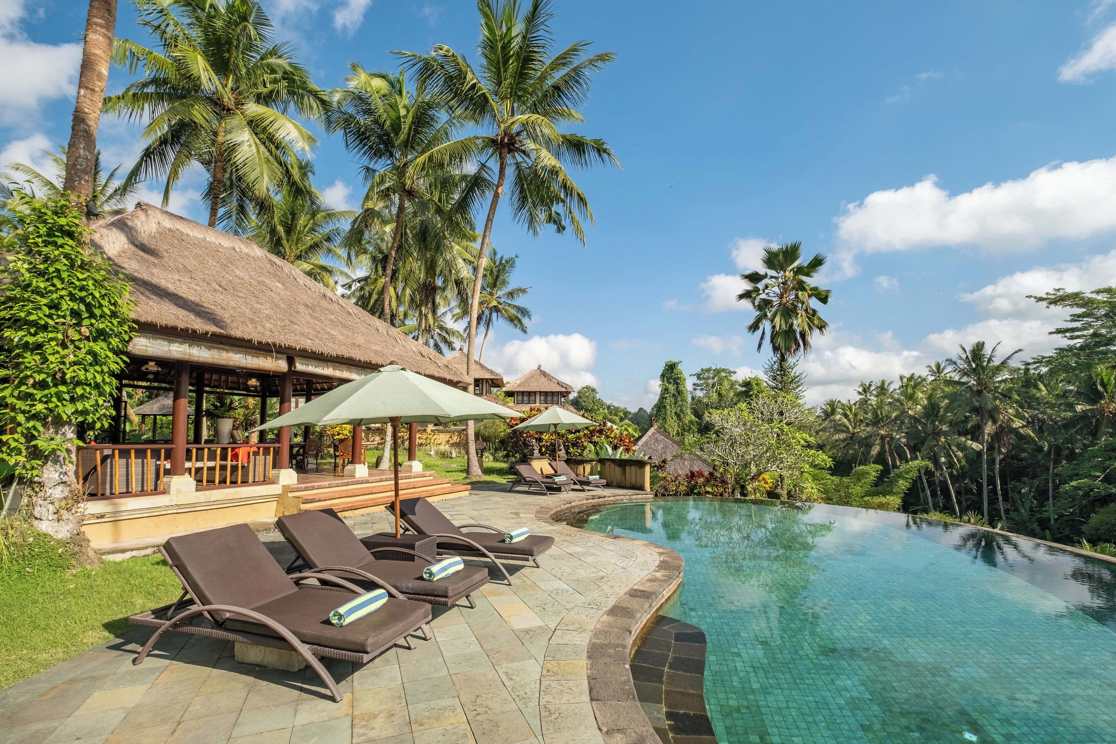 A resort pool area with lounge chairs, a thatched-roof building, and palm trees.