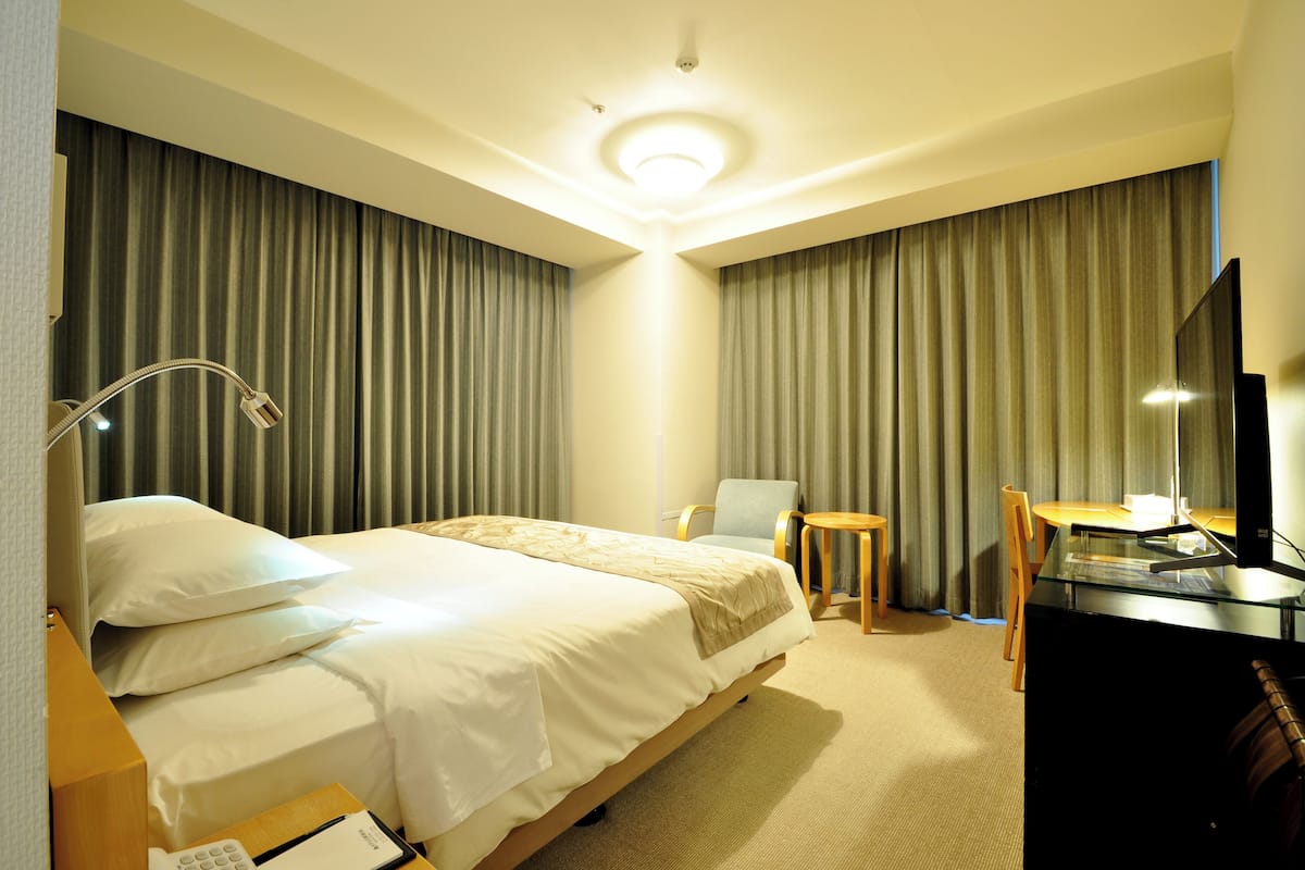 1 bedroom, desk, blackout curtains, iron/ironing board