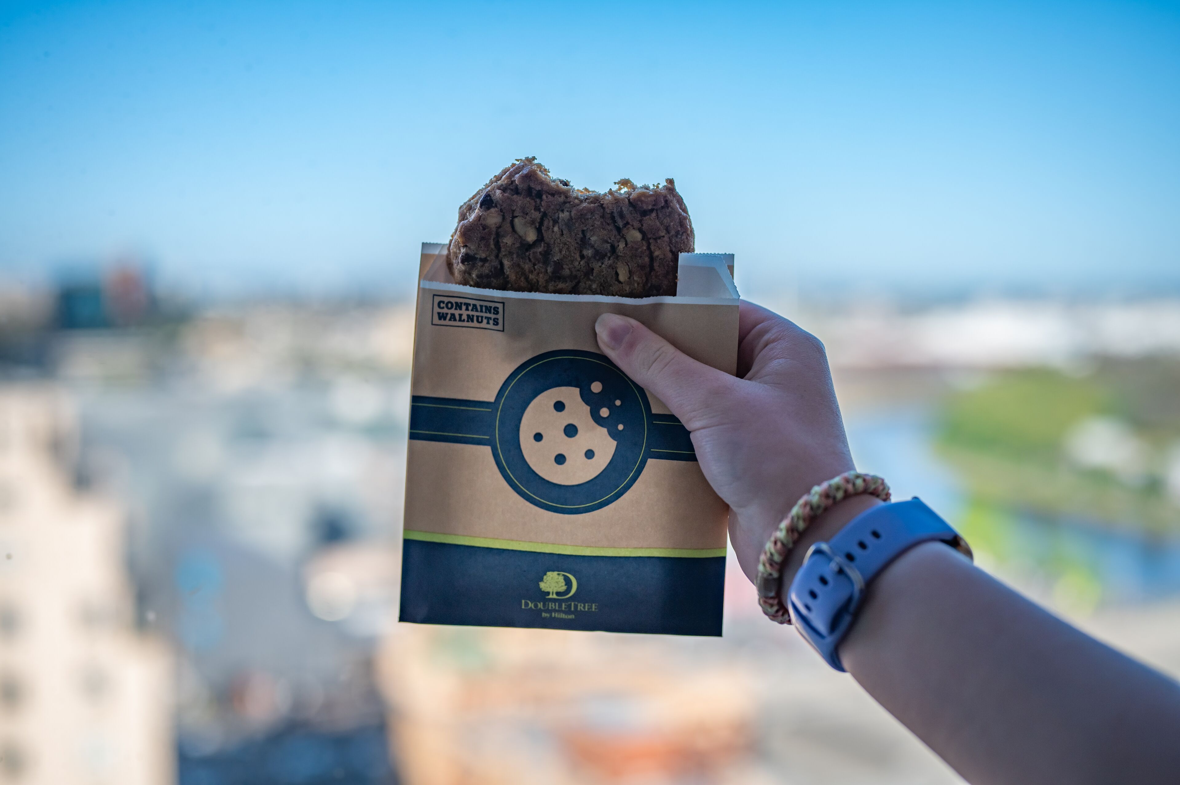 A hand holding a cookie bag with a cityscape in the background.