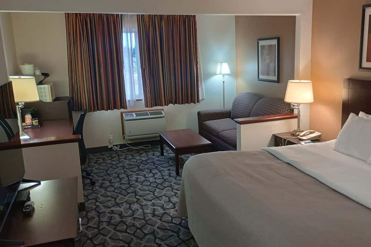 A hotel room with a bed, a desk, a chair, a sofa, a lamp, a phone, and an air conditioning unit.