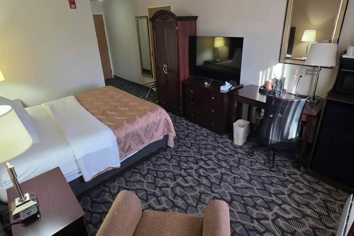A hotel room with a bed, a TV, a desk with a lamp, a wardrobe, and a patterned carpet.