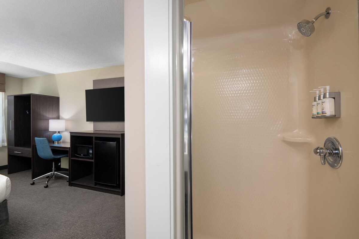 Une chambre d’hôtel équipée d’une douche, d’un bureau avec une chaise, d’un four à micro-ondes et d’un téléviseur fixé au mur.