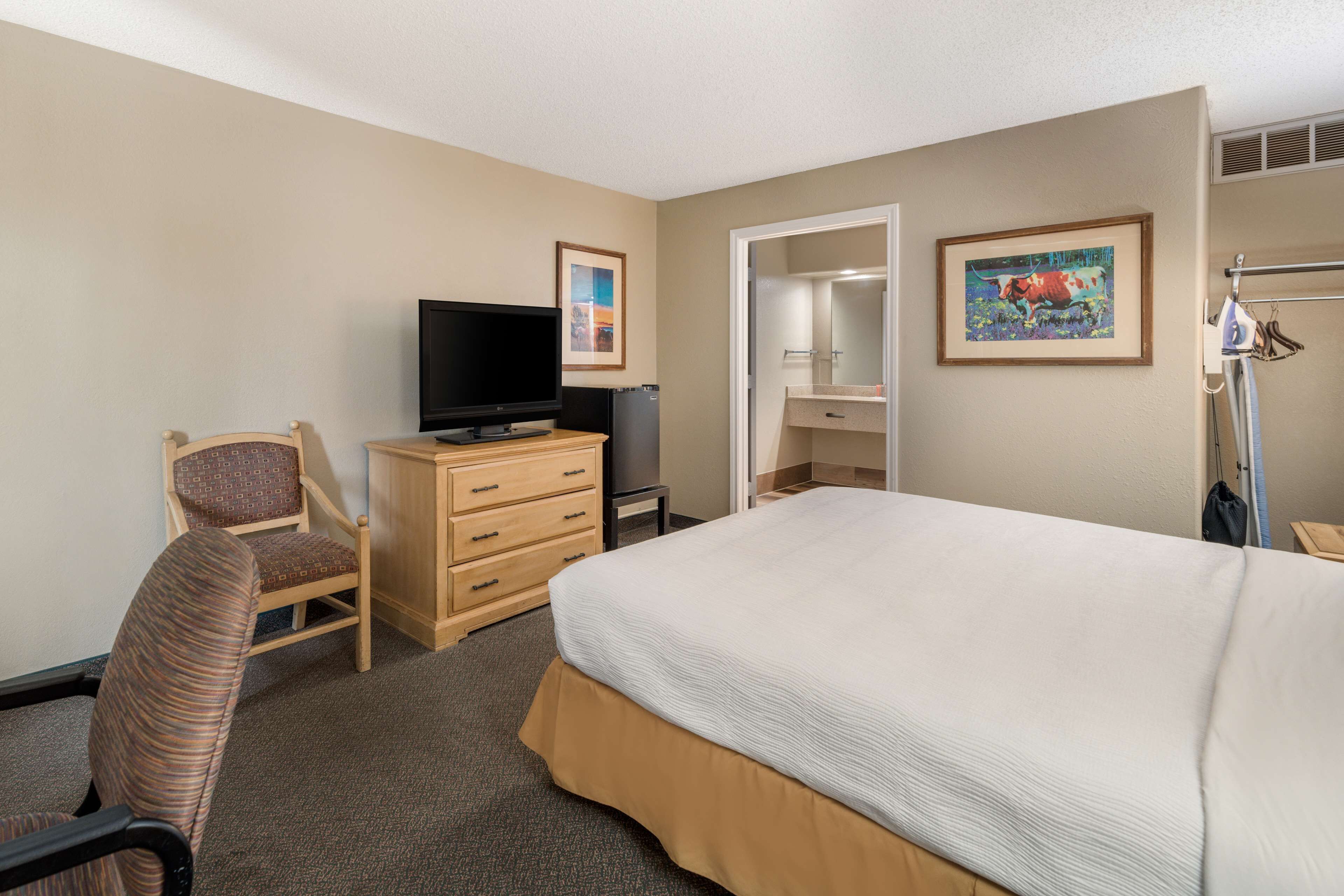 A hotel room with a bed, a television, a dresser, a chair, and a closet.