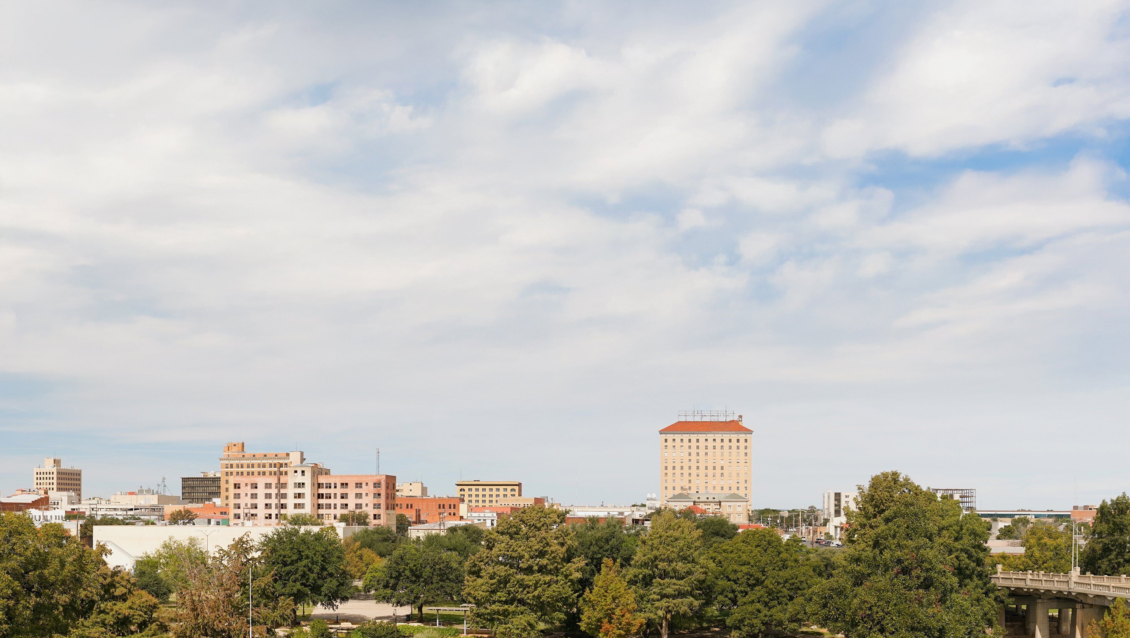 A cityscape with various buildings, including a prominent tall building with a red roof, surrounded by trees and a bridge.