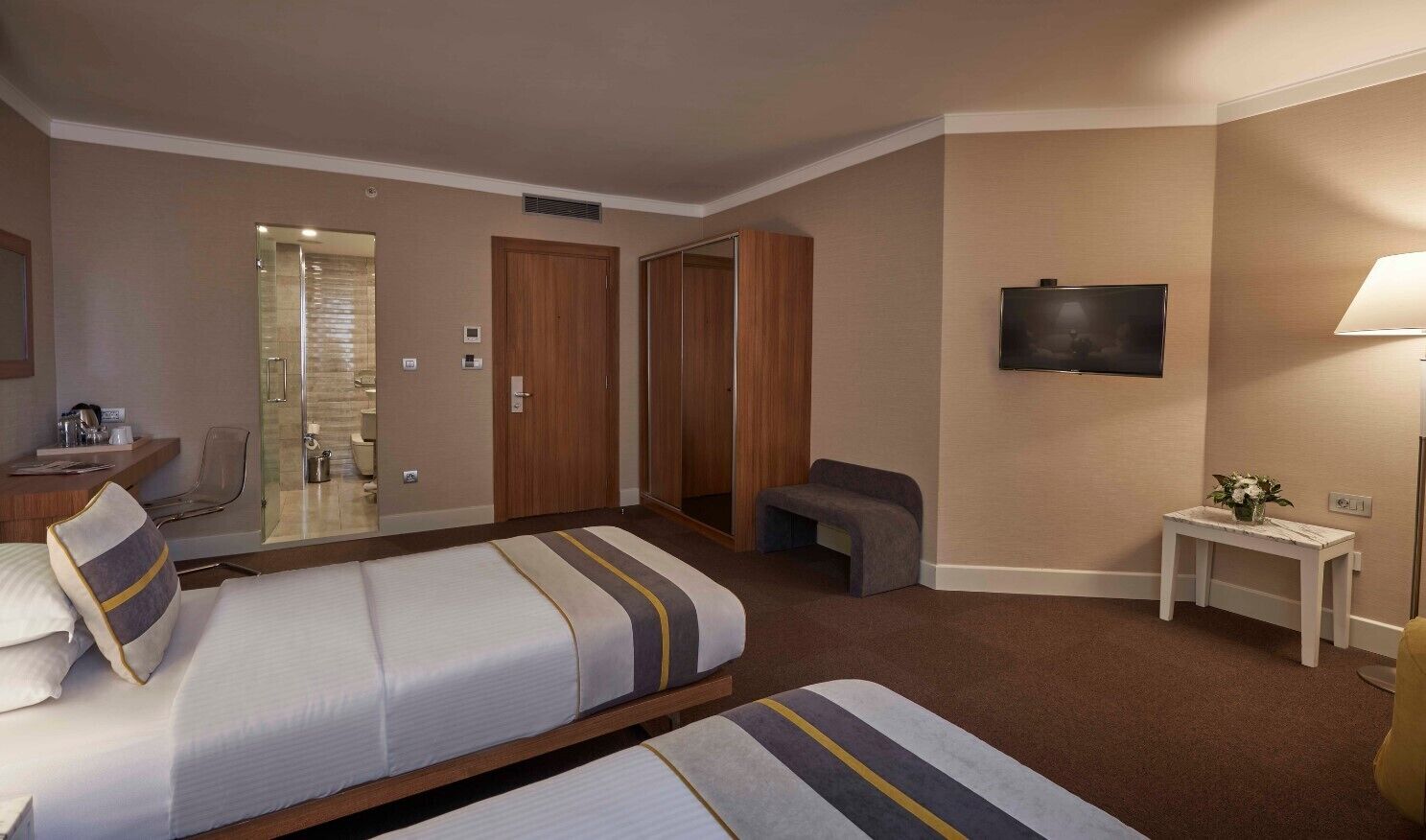 Une chambre d’hôtel avec deux lits, une télévision, une petite table, un miroir et un espace douche.