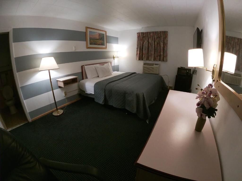 A hotel room with a bed, bedside table, lamp, mirror, and a vase with flowers.