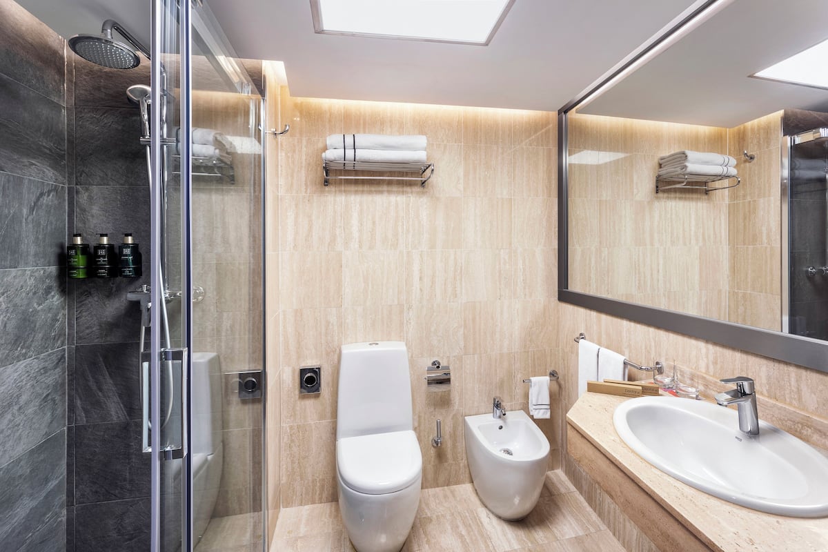 Combined shower/bathtub, eco-friendly toiletries, hair dryer, bathrobes
