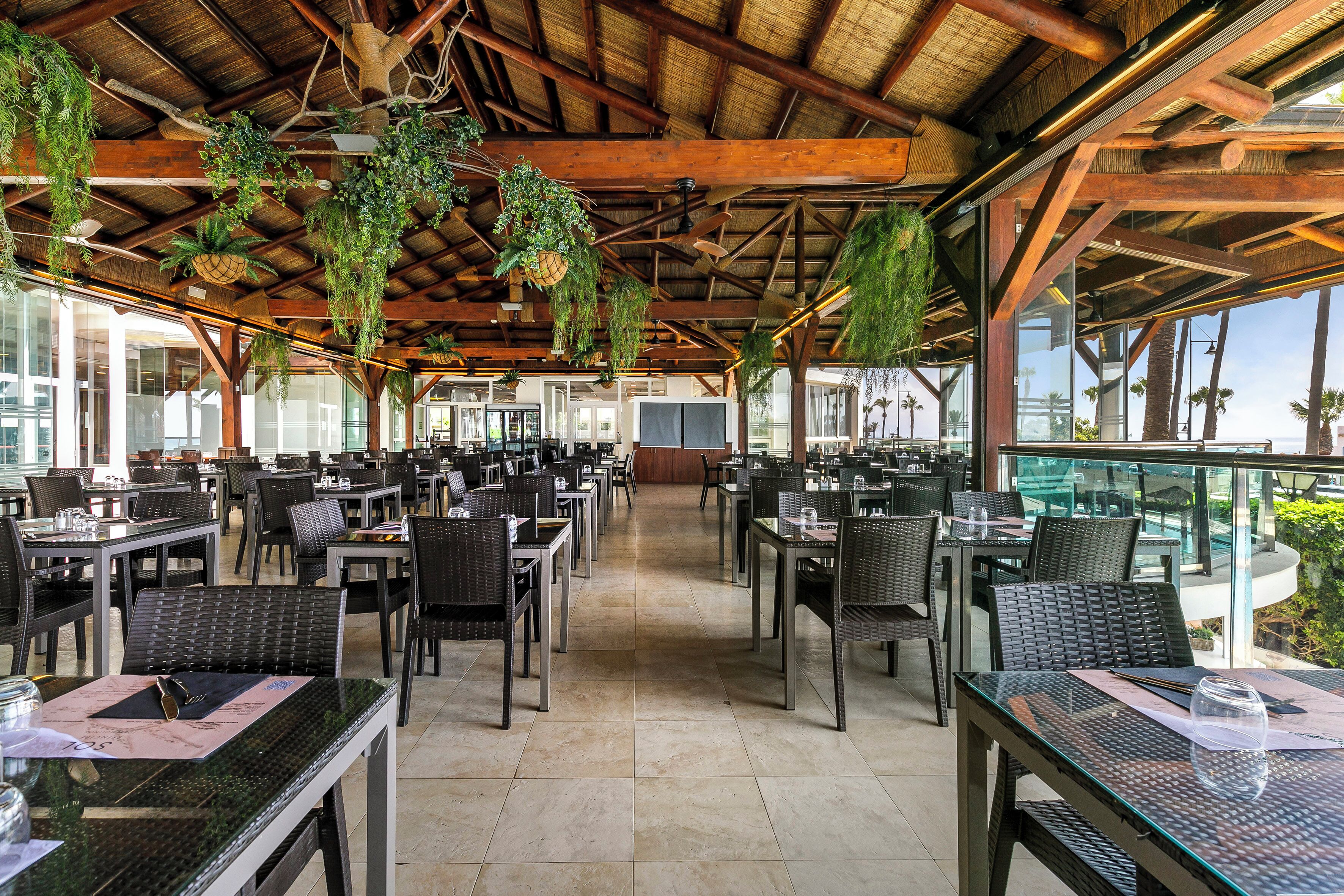 Un comedor interior con mesas y sillas, plantas colgantes y ventanas amplias.