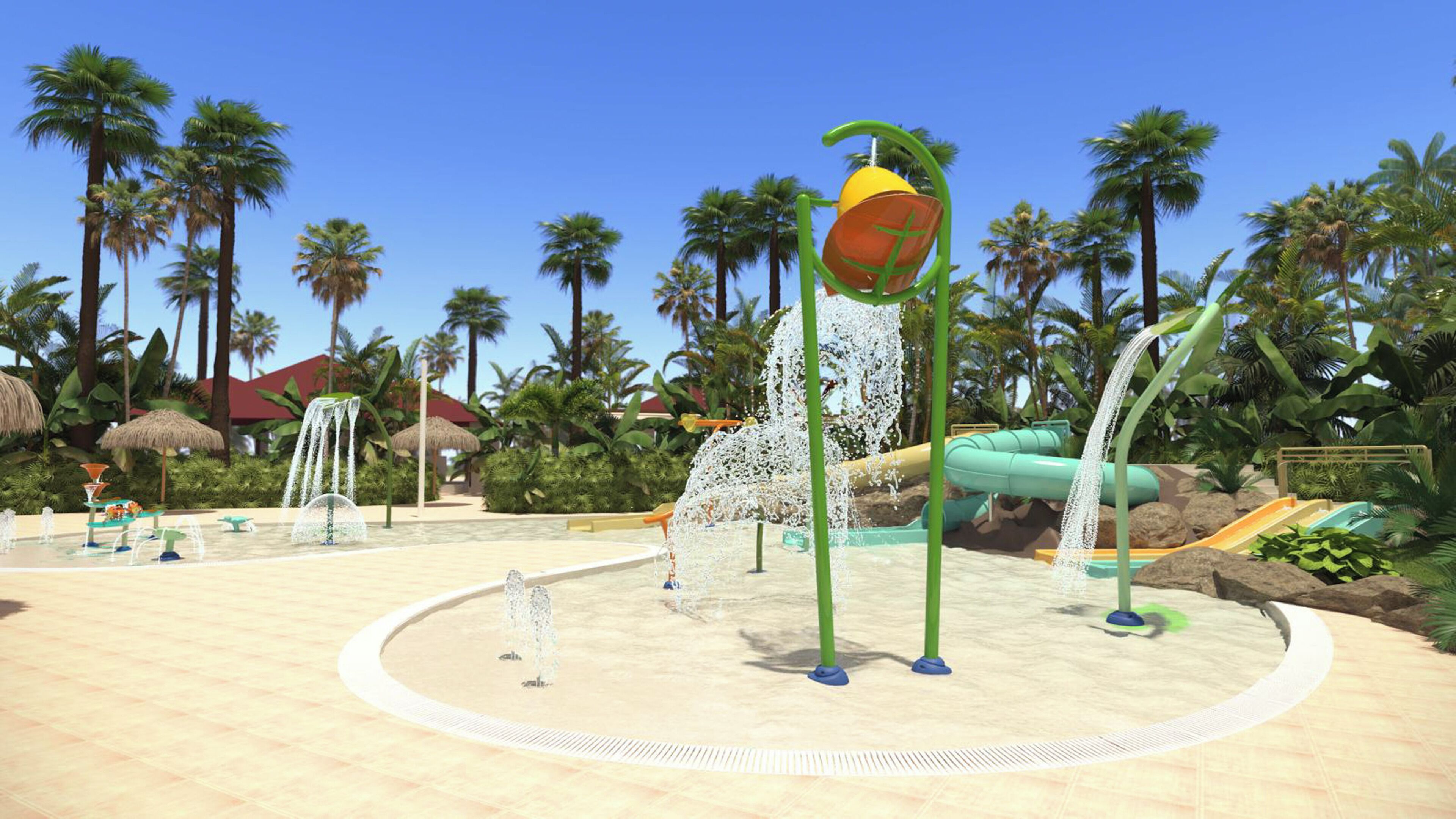 A water park with multiple water features including a central fountain, water slides, and a wave pool.