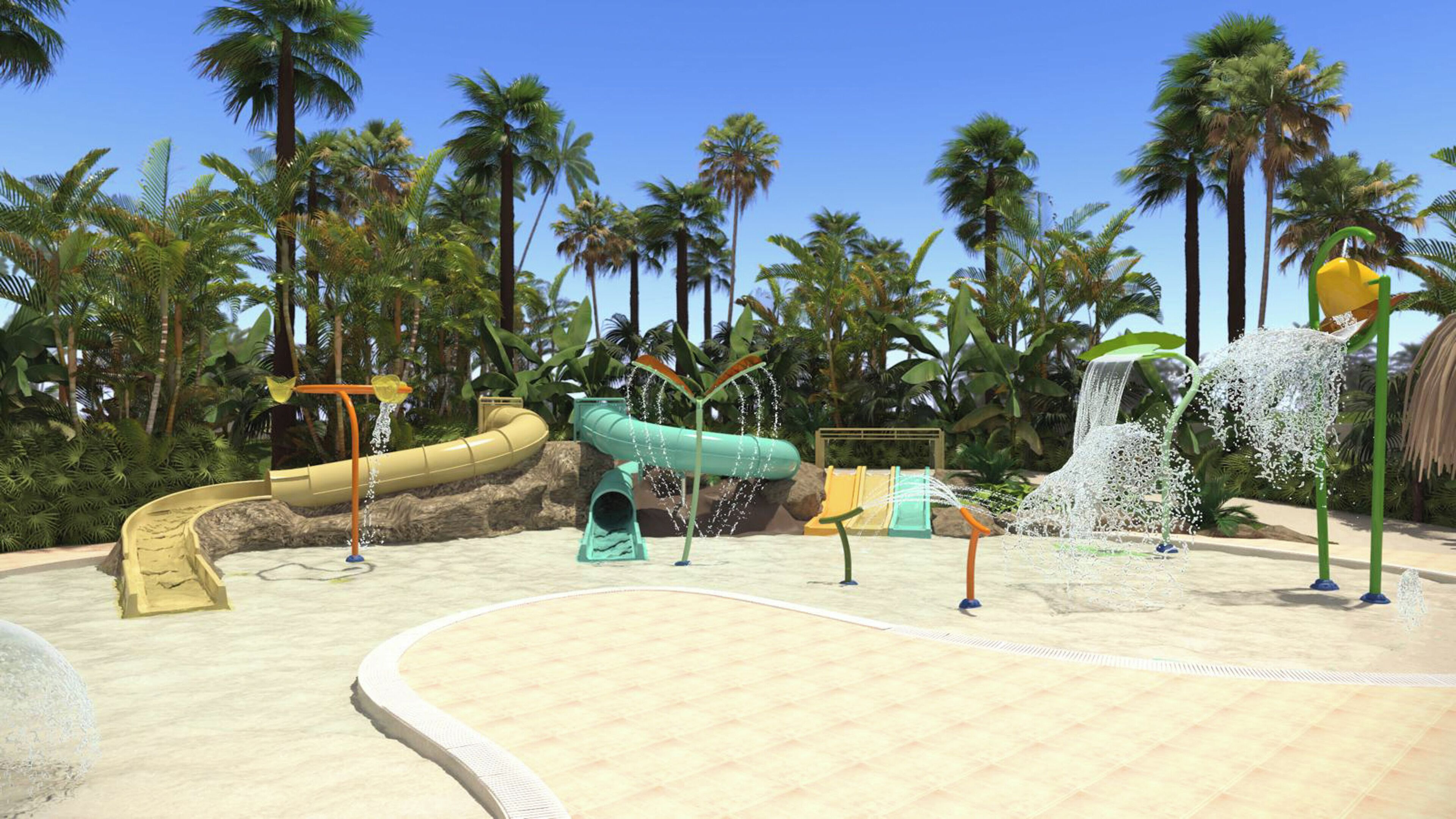 Un parc aquatique doté de toboggans et d’autres attractions aquatiques, le tout entouré de palmiers.