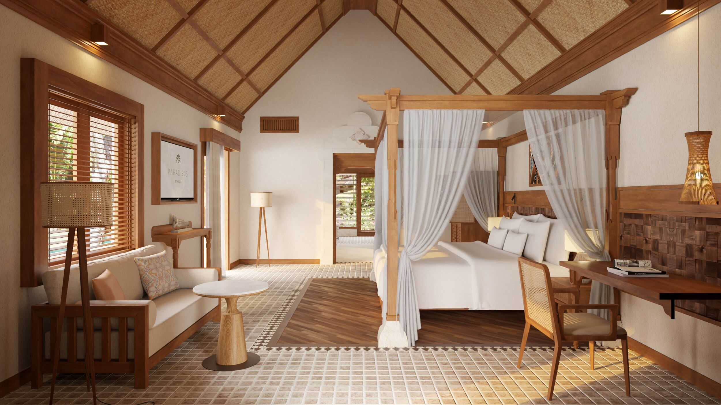 A bedroom with a canopy bed, a sitting area with a sofa and a small table, and a large window with blinds.