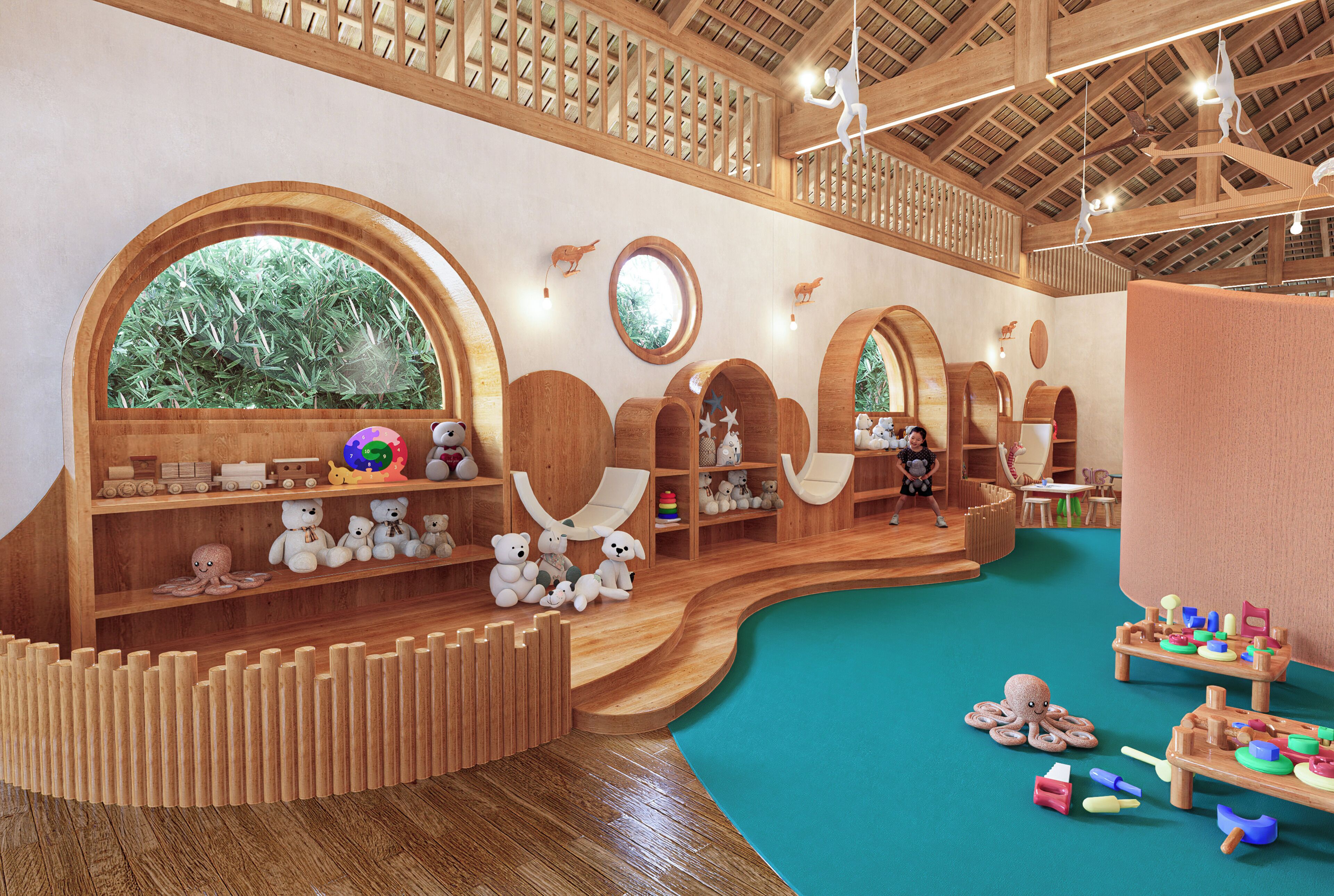 A playroom with wooden shelves, a small pool, and a view of greenery through large windows.